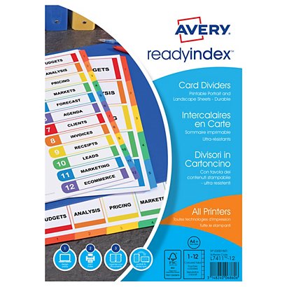 Avery Intercalaires imprimables Ready Index maxi A4+ en carte, 12 divisions - Touches assorties - 1