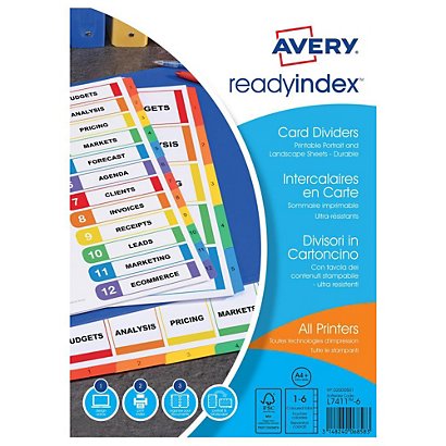 Avery Intercalaires personnalisables Ready Index A4 maxi en carte, 6 divisions - Assortis