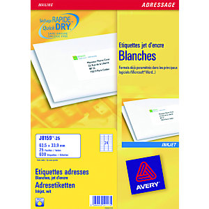 Avery J8159 Etiquettes d'adresse blanches imprimantes jet d’encre 63,5 x 33,9 mm - 100 feuilles - 2400 étiquettes
