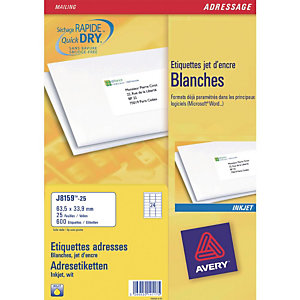 Avery J8159 Etiquettes d'adresse blanches imprimantes jet d’encre 63,5 x 33,9 mm - 100 feuilles - 2400 étiquettes