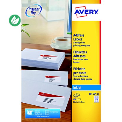 Avery J8159 Etiquettes adresses blanches jet d'encre 63,5 x 33,9 mm - Boîte de 600 - 1
