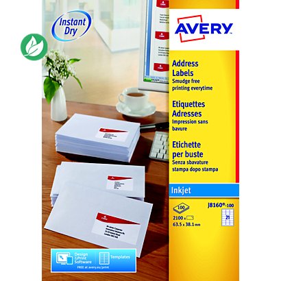 Avery J8160 Etiquettes adresses blanches jet d'encre 63,5 x 38,1 mm - Boîte de 2100 - 1