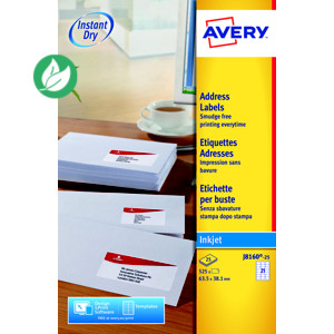 Avery J8160 Etiquettes adresses blanches jet d’encre 63,5 x 38,1 mm - Boîte de 525