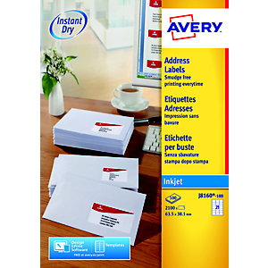 Avery J8160 Etiquettes blanches imprimante jet d'encre 63,5 x 38,1 mm - 100 feuilles - 2100 étiquettes