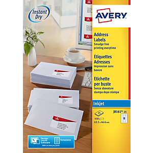 Avery (J8161-25) Etiquetas Inkjet cantos romos 63,5 x 46,6 mm. 18 etiquetas/hoja Avery (J8161-25) Etiquetas Inkjet cantos romos 63,5 x 46,6 mm. 18 etiquetas/hoja