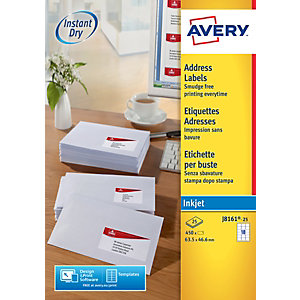 Avery J8161 Etiquettes d'adresse blanches imprimantes jet d’encre 63,5 x 46,6 mm - 25 feuilles - 450 étiquettes