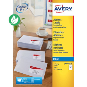 Avery J8161 Etiquettes adresses blanches jet d’encre 63,5 x 46,6 mm - Boîte de 450