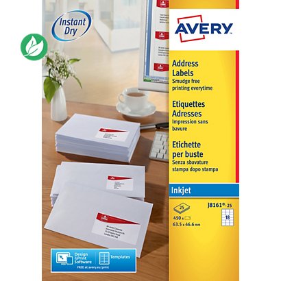 Avery J8161 Etiquettes adresses blanches jet d’encre 63,5 x 46,6 mm - Boîte de 450 - 1