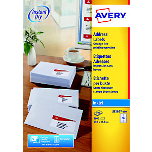 Avery J8162 Etiquettes d'adresses blanches imprimantes jet d'encre 99,1 x 33,9 mm - 100 feuilles - 1600 étiquettes