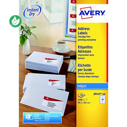 Avery J8163 Etiquettes adresses blanches jet d'encre 99,1 x 38,1 mm - Boîte de 1400 - 1