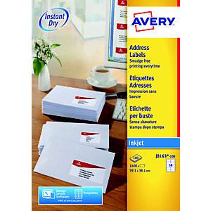 Avery J8163 Etiquettes blanches imprimantes jet d'encre 99,1 x 38,1 mm - 100 feuilles - 1400 étiquettes