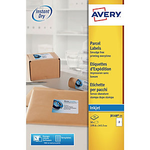Avery J8168 Etiquettes d'expédition blanches imprimantes jet d’encre 199,6 x 143,5 mm - 25 feuilles - 50 étiquettes