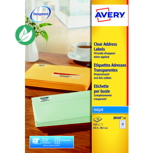 Avery J8560 Etiquettes d'expédition transparentes jet d'encre 63,5 x 38,1 mm - Boîte de 525 Avery J8560 Etiquettes d'expédition transparentes jet d'encre 63,5 x 38,1 mm - Boîte de 525