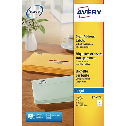 Avery J8563 Etiquettes laser transparentes 99,1 x 38,1 mm - 25 feuilles - 350 étiquettes