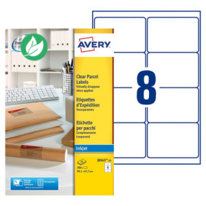 Avery J8565 Etiquettes d'expédition transparentes jet d'encre 99,1 x 67,7 mm - Boîte de 200 Avery J8565 Etiquettes d'expédition transparentes jet d'encre 99,1 x 67,7 mm - Boîte de 200
