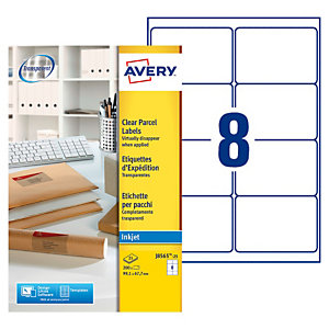 Avery J8565 Etiquettes transparentes imprimante jet d'encre 99,1 x 67,7 mm - 25 feuilles - 200 étiquettes