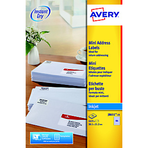 Avery J8651 Mini étiquettes adresses blanches jet d'encre 38,1 x 21,2 mm - Boîte de 1625 Avery J8651 Mini étiquettes adresses blanches jet d'encre 38,1 x 21,2 mm - Boîte de 1625
