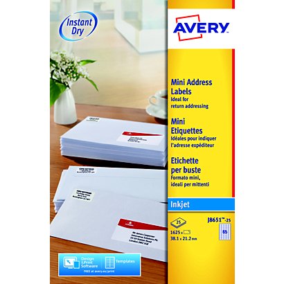 Avery J8651 Mini étiquettes adresses blanches jet d'encre 38,1 x 21,2 mm - Boîte de 1625 - 1