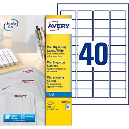 Avery J8654 Mini étiquettes blanches multi-usages jet d'encre 45,7 x 25,4 mm - Boîte de 1000 - 1