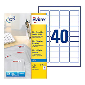 Avery J8654 Mini-étiquettes courrier blanches pour imprimantes jet d'encre 45,7 x 25,4 mm - 25 feuilles - 1000 étiquettes