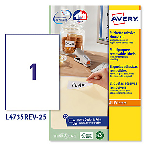 Avery (L4735REV-25) Etiqueta multiuso removible, 210 x 297 mm, caja de 25 unidades, cantos redondeados, blanco