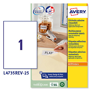 Avery (L4735REV-25) Etiqueta multiuso removible, 210 x 297 mm, caja de 25 unidades, cantos redondeados, blanco Avery (L4735REV-25) Etiqueta multiuso removible, 210 x 297 mm, caja de 25 unidades, cantos redondeados, blanco