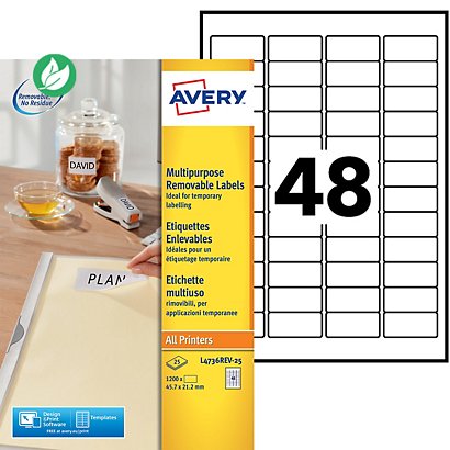 Avery L4736REV Etiquettes enlevables blanches 45,7 x 21,2 mm - Boîte de 1200 - 1