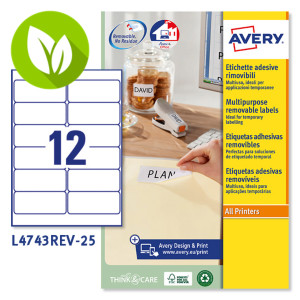 Avery (L4743REV-25) Etiqueta multiuso removible, 99,1 x 42,3 mm, caja de 300 unidades, cantos redondeados, blanco Avery (L4743REV-25) Etiqueta multiuso removible, 99,1 x 42,3 mm, caja de 300 unidades, cantos redondeados, blanco
