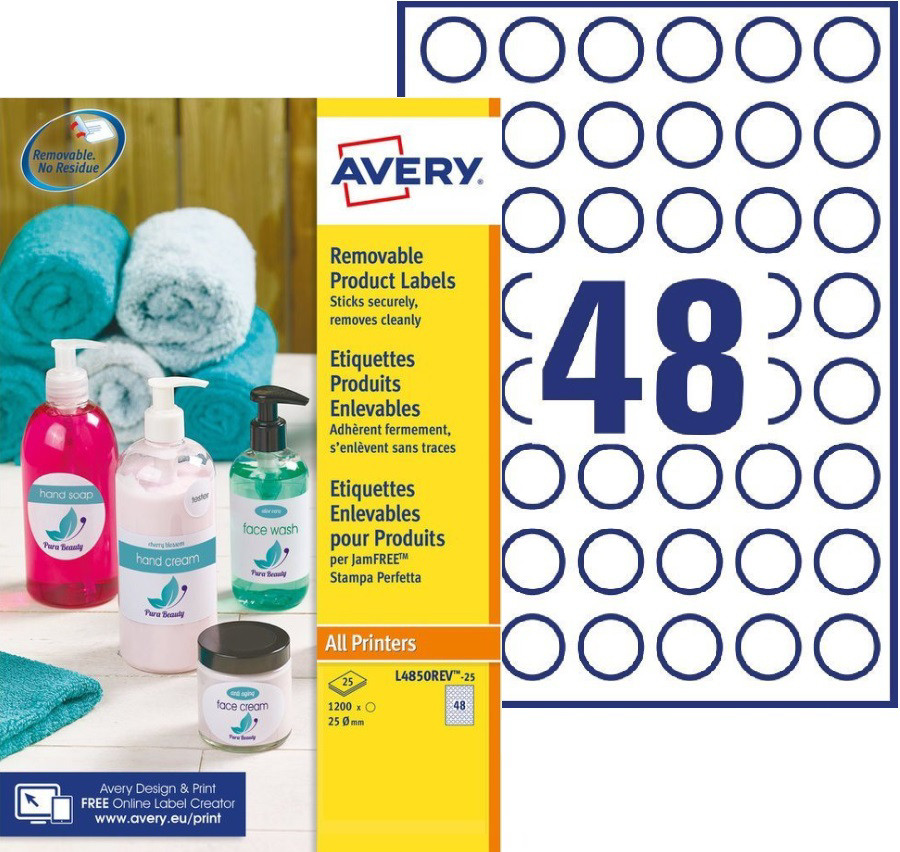 Avery L4850REV Etiquettes produits enlevables blanches rondes Ø.25 mm - Boîte de 1200