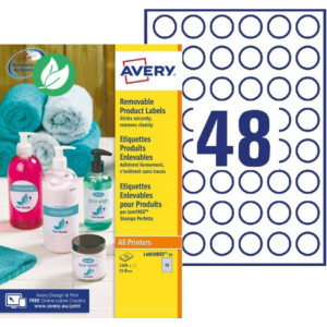 Avery L4850REV Etiquettes produits enlevables blanches rondes Ø.25 mm - Boîte de 1200 Avery L4850REV Etiquettes produits enlevables blanches rondes Ø.25 mm - Boîte de 1200