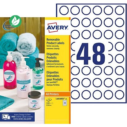 Avery L4850REV Etiquettes produits enlevables blanches rondes Ø.25 mm - Boîte de 1200 - 1