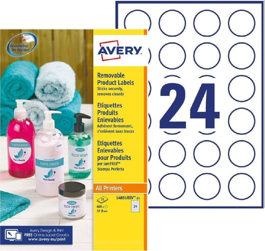 Avery L4851REV Etiquettes produits enlevables blanches rondes Ø.37 mm - Boîte de 600