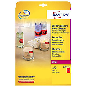 Avery L6005 Etiquettes d'identification enlevables couleur 210 X 297 mm - 20 feuilles, 1 étiquette A4 par feuilles - Rouge fluorescent