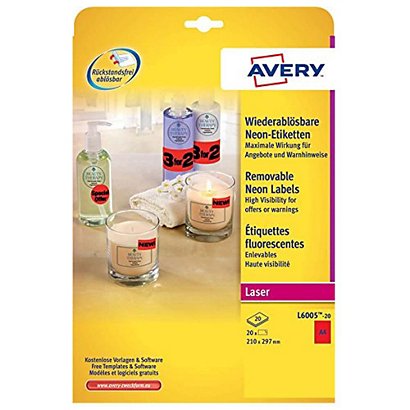 Avery L6005 Etiquettes d'identification enlevables couleur 210 X 297 mm - 20 feuilles, 1 étiquette A4 par feuilles - Rouge fluorescent - 1
