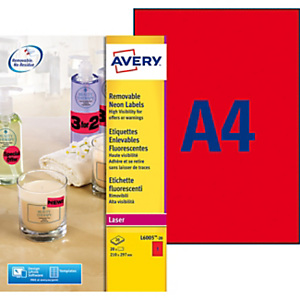 Avery L6005 Etiquettes d'identification enlevables laser A4 210 x 297 mm - Rouge fluorescent - Boîte de 20 Avery L6005 Etiquettes d'identification enlevables laser A4 210 x 297 mm - Rouge fluorescent - Boîte de 20