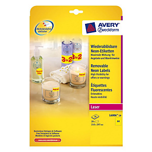 Avery L6006 Etiquettes d'identification enlevables A4 (210 X 297 mm) - 20 feuilles, 1 étiquette par feuilles - Jaune fluorescent