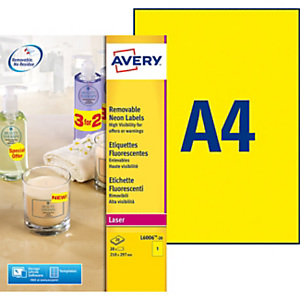 Avery L6006 Etiquettes d'identification enlevables laser A4 210 x 297 mm - Jaune fluorescent - Boîte de 20 Avery L6006 Etiquettes d'identification enlevables laser A4 210 x 297 mm - Jaune fluorescent - Boîte de 20