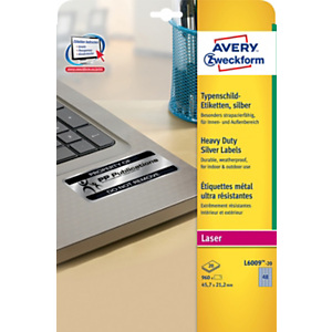Avery L6009 Etiquettes ultra-résistantes métal argent laser - polyester - 45,7 x 21,2 mm - Boîte de 960 Avery L6009 Etiquettes ultra-résistantes métal argent laser - polyester - 45,7 x 21,2 mm - Boîte de 960
