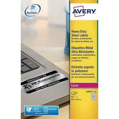 Avery L6013 Etiquettes permanentes et ultra-résistantes pour imprimantes laser noir et blanc, 210 x 297 mm, 20 feuilles, 1 étiquette par feuille, argent - 1