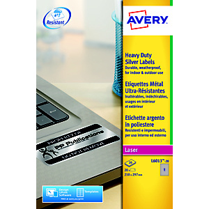 Avery L6013 Etiquettes ultra-résistantes métal argent laser - polyester - A4 210 x 297 mm - Boîte de 20 Avery L6013 Etiquettes ultra-résistantes métal argent laser - polyester - A4 210 x 297 mm - Boîte de 20