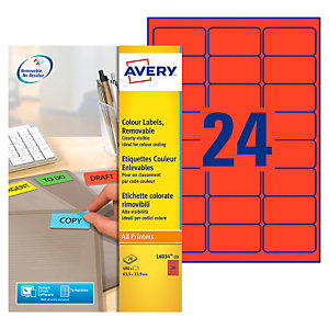 Avery L6034 Etiquettes classement couleur enlevables 63,5 x 33,9 mm - Rouge - Boîte de 480
