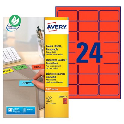 Avery L6034 Etiquettes classement couleur enlevables 63,5 x 33,9 mm - Rouge - Boîte de 480 - 1