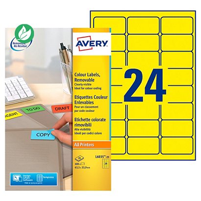 Avery L6035 Etiquettes classement couleur enlevables 63,5 x 33,9 mm - Jaune - Boîte de 480 - 1