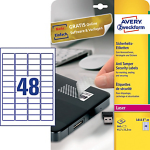 Avery (L6113-20) Etiqueta anti-manipulación, 45,7 x 21,2 mm, caja de 960 unidades, cantos redondeados, blanco Avery (L6113-20) Etiqueta anti-manipulación, 45,7 x 21,2 mm, caja de 960 unidades, cantos redondeados, blanco