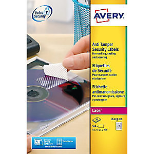 Avery L6113 Etiquettes de sécurité blanches imprimantes laser 45,7 x 21,2 mm - 20 feuilles - 960 étiquettes