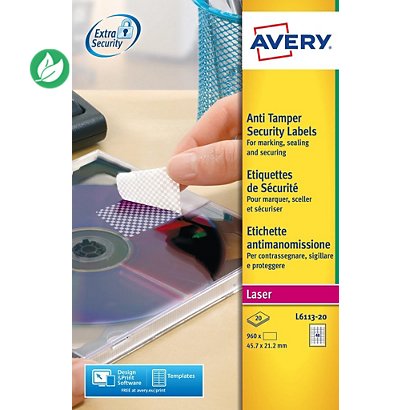 Avery L6113 Etiquettes ultra-résistantes de sécurité blanches laser 45,7 x 21,2 mm - Boîte de 960 - 1