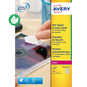 Avery L6114 Etiquettes ultra-résistantes de sécurité blanches laser 63,5 x 29,6 mm - Boîte de 540 Avery L6114 Etiquettes ultra-résistantes de sécurité blanches laser 63,5 x 29,6 mm - Boîte de 540