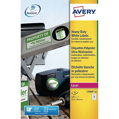 Avery L7060 Etiquettes ultra-résistantes pour imprimantes laser, 63,5 x 38,1 mm, 20 feuilles, 21 étiquettes par feuille, blanc - 1