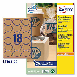 Avery (L7103-20) Etiqueta de papel Kraft , ovalada 63,5 x 42,3 mm, caja de 320 unidades , marrón