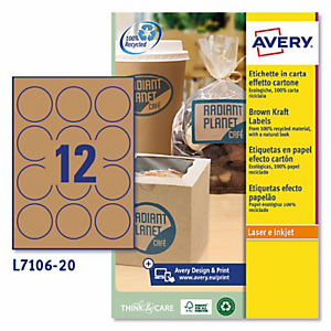 Avery (L7106-20) Etiqueta de papel Kraft , redonda 60 mm, caja de 300 unidades, marrón